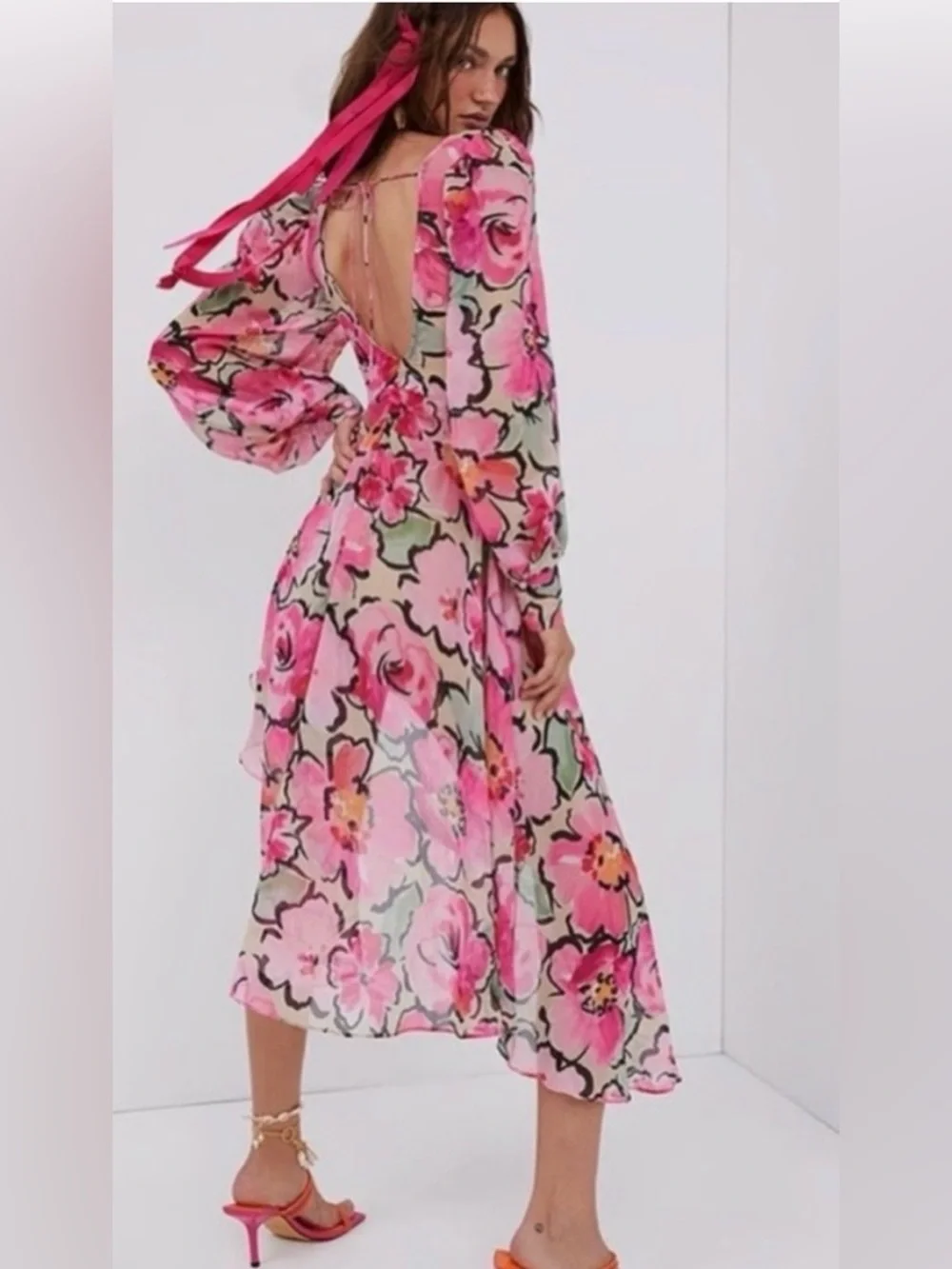 NWT For Love & Lemons Tiana Printed Floral Sheer Cut Out Midi Dress Size XS - Picture 2 of 9